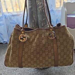 Gucci Monogram Shoulder Bag with Gold and Silver Details And Metallic Threads